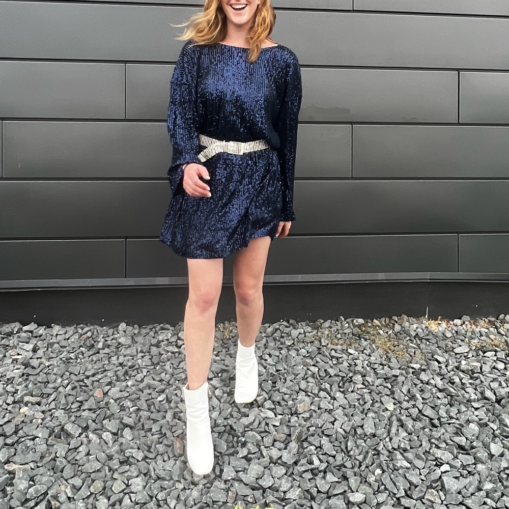 Asos Women’s Tall Navy long sleeve v back sequin mini dress
